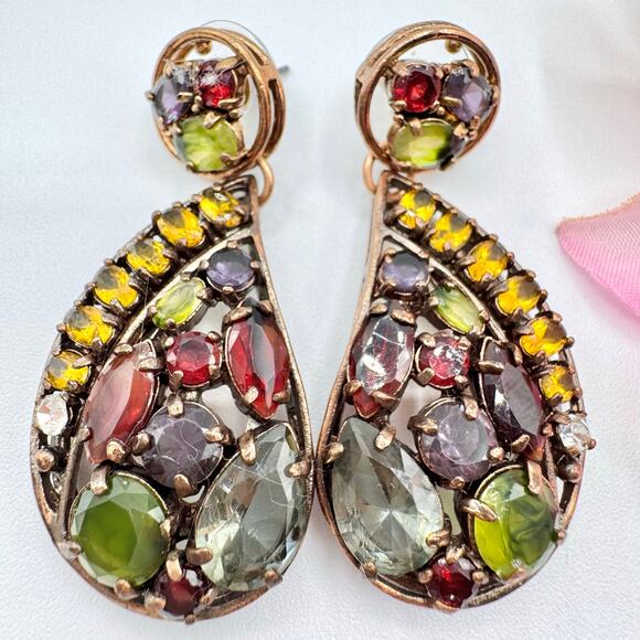 PJM China Colorful Glass Rhinestone Paisley Drop Big Statement Earrings Signed - Picture 1 of 14